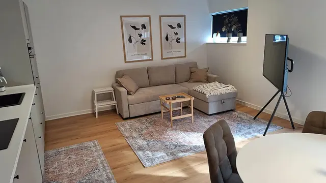 Oasen — Stue  med sovesofa, TV og tæpper