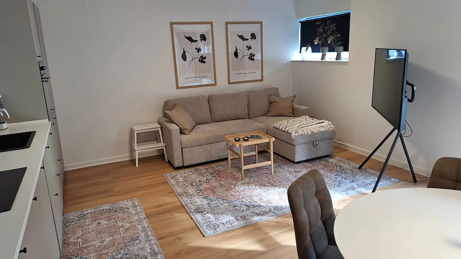 Stue  med sovesofa, TV og tæpper